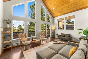 Smart TV, fireplace, books, offices