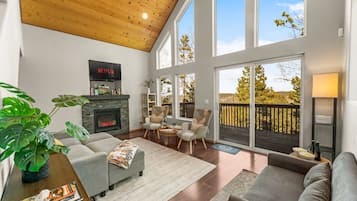 Smart TV, fireplace, books, offices