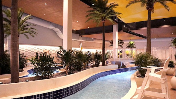 Une piscine intérieure au design incurvé, entourée de palmiers et agrémentée d’un escalier de piscine blanc.