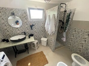 Hair dryer, towels, soap, toilet paper