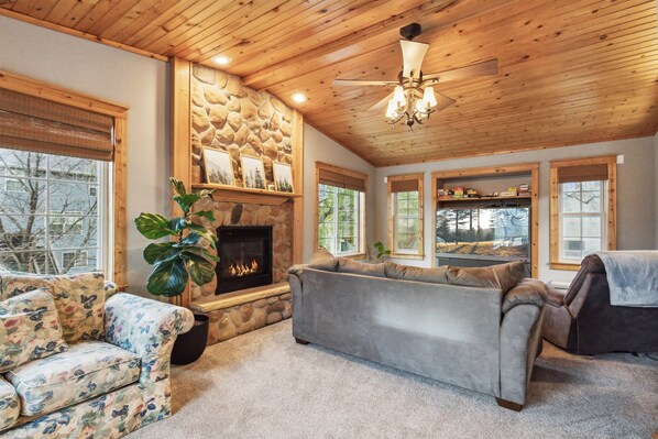 TV connectée, cheminée, lecteur de DVD, vidéothèque