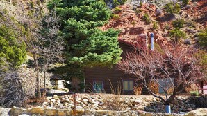 Eine rustikale Holzhütte mit Stein Fundament, umgeben von verschiedenen Bäumen und einem felsigen Hang.