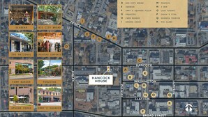 A location aerial of a city with marked points of interest and a list of local businesses. - Luxury Downtown Loft (Athens)
