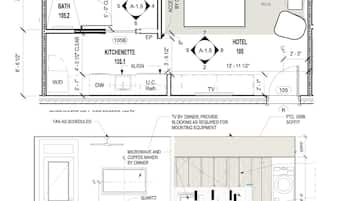 A floor plan of a hotel with a kitchenette, bathroom, and hotel room.