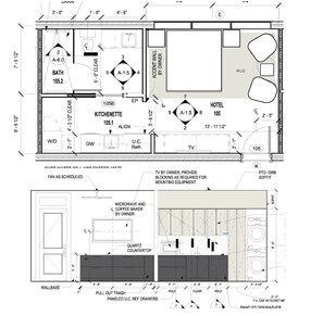 A floor plan of a hotel with a kitchenette, bathroom, and hotel room. - Luxury Downtown Loft (Athens)