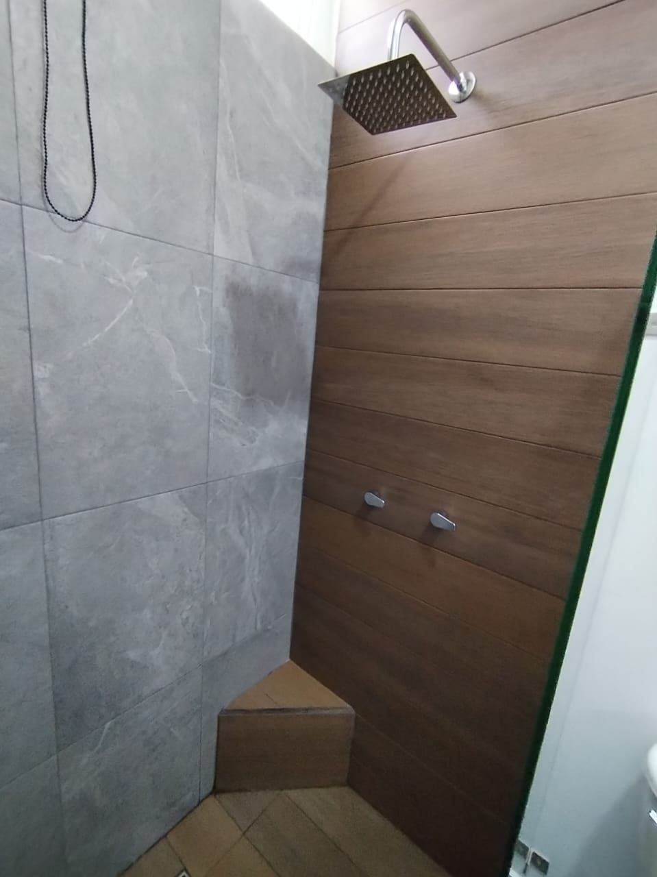 A corner shower with a handheld showerhead, a wooden panel wall, and a small step leading to the shower area.