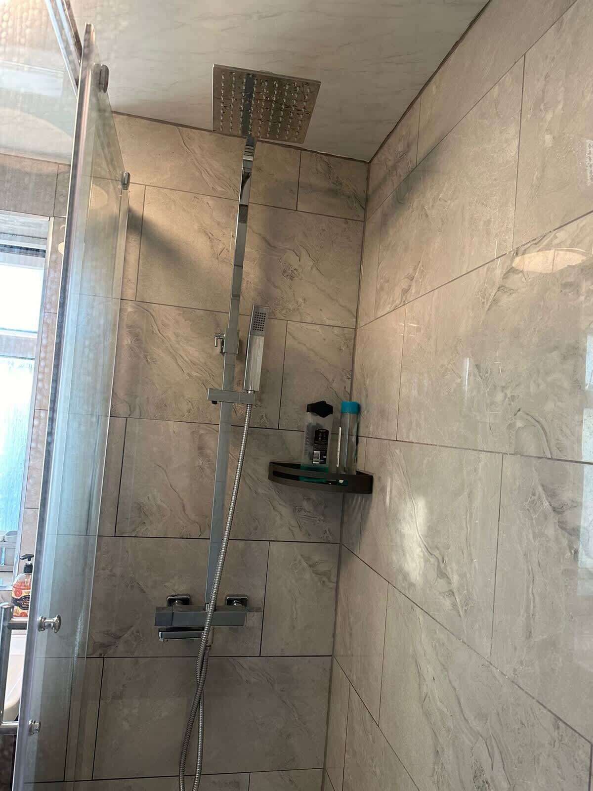 Shower, hair dryer, shampoo