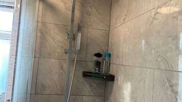 Shower, hair dryer, shampoo