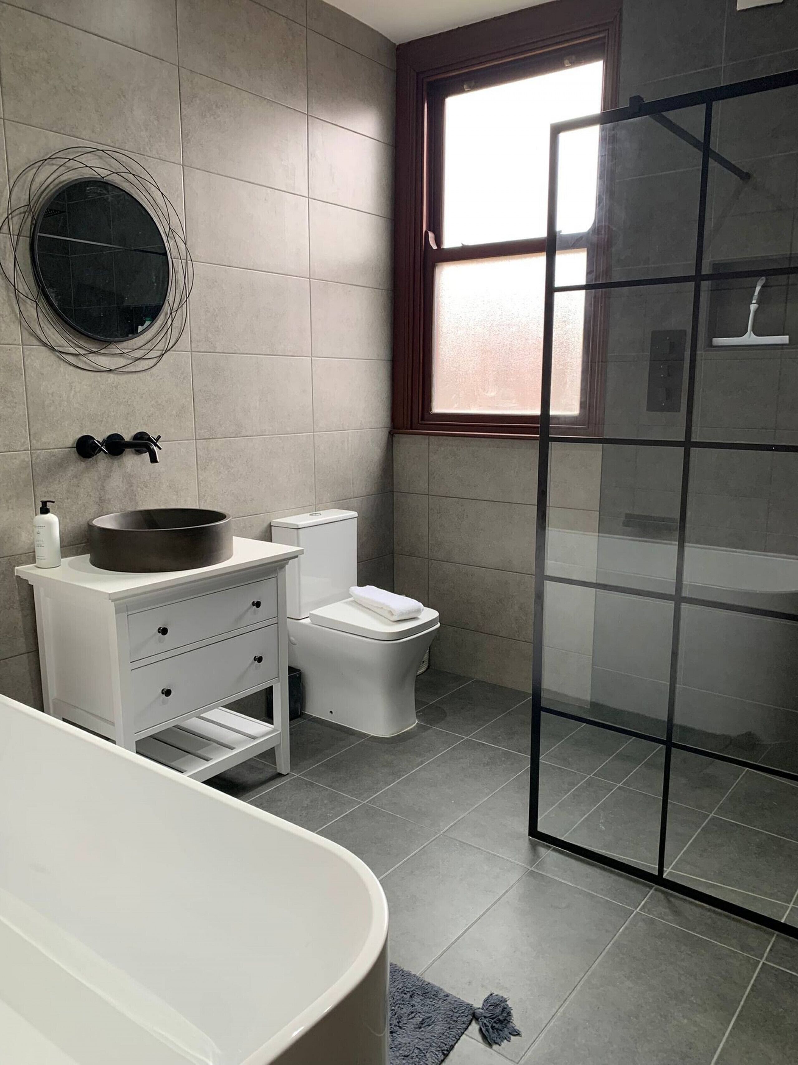 Hair dryer, towels, soap, shampoo