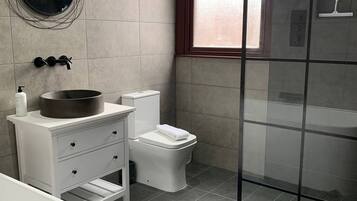 Hair dryer, towels, soap, shampoo