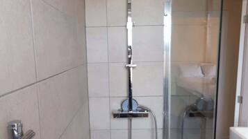 Shower, hair dryer, shampoo