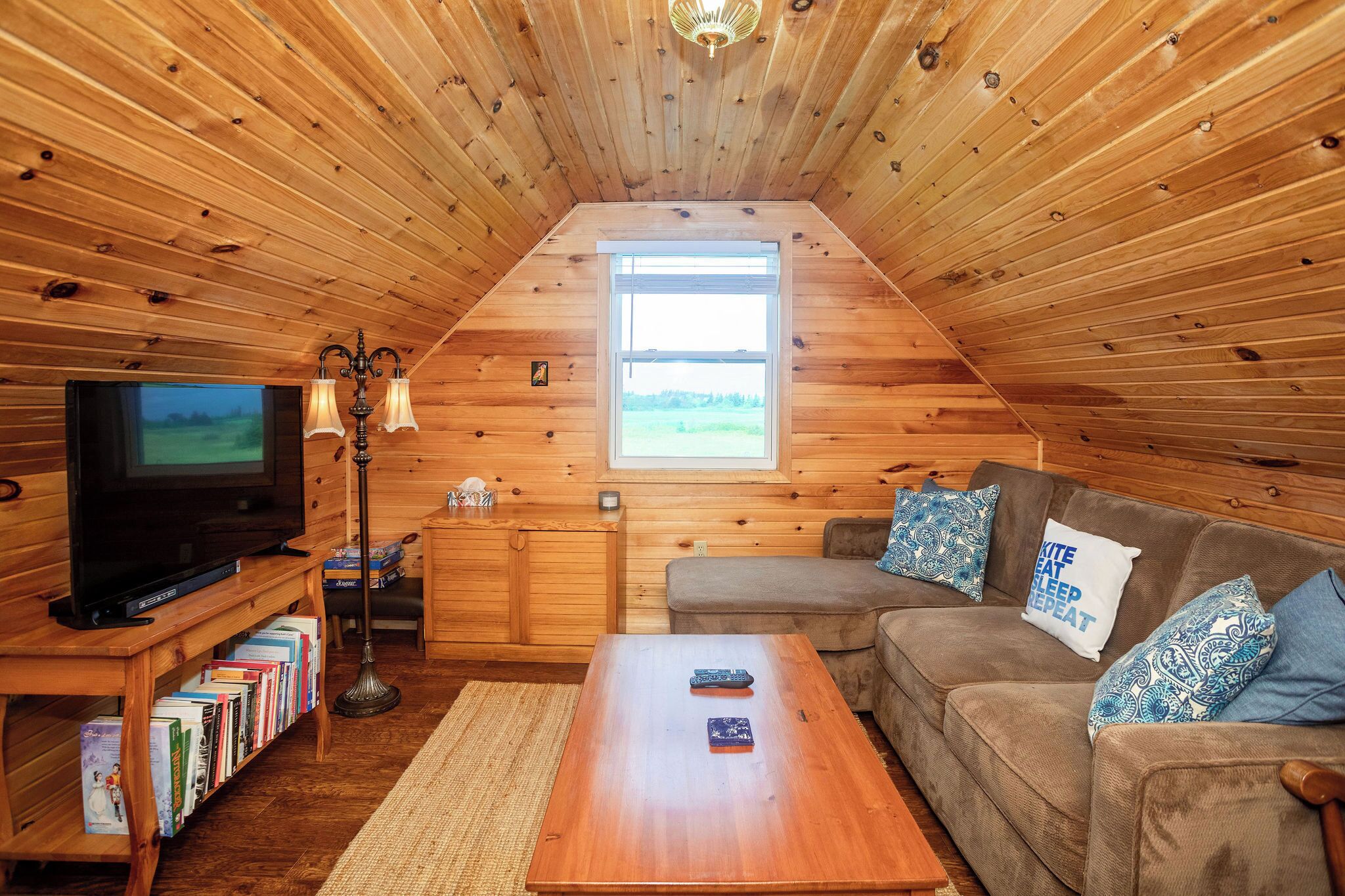 Een smart-tv, een open haard, een dvd-speler en boeken