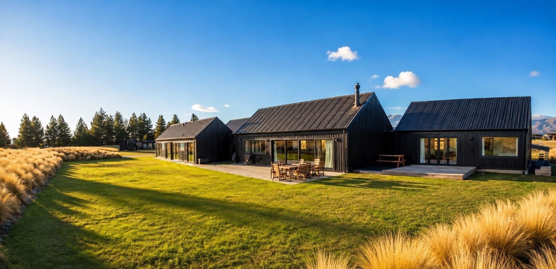 Een modern huis met een ruime patio en een eettafel.