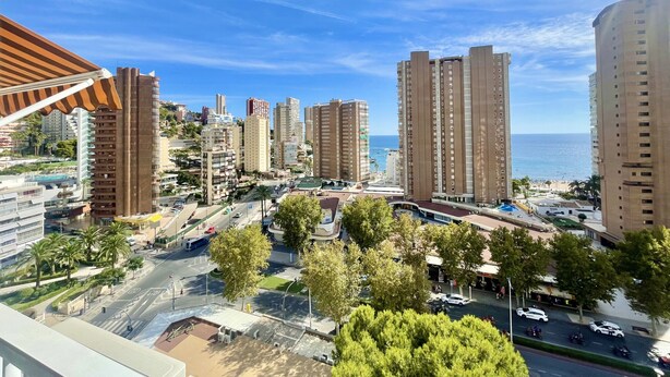 A cityscape with tall buildings, a beach, and a clear sky. - ALBATROS APARTMENT (R133) (Benidorm)