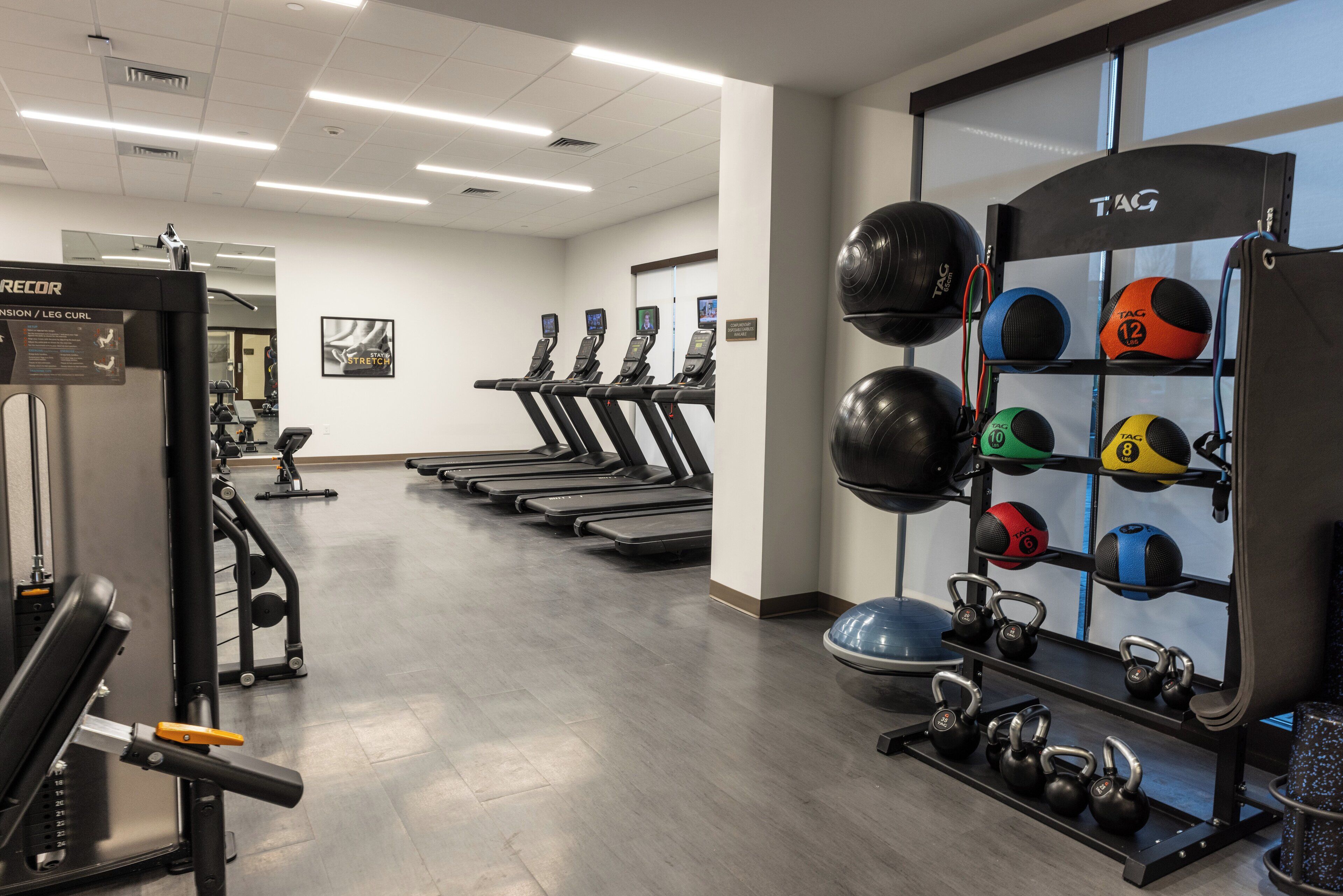 A gym with treadmills, weight machines, and a rack of kettlebells and medicine balls.