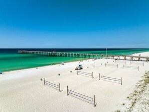 On the beach, sun-loungers, beach towels