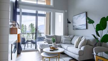 Smart TV, chimenea y libros