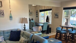 Smart TV, fireplace, DVD player, books