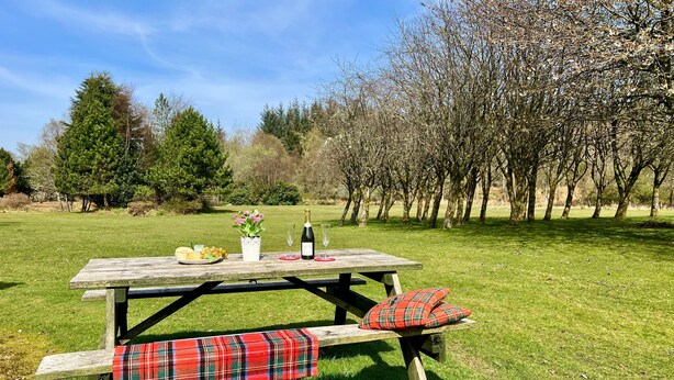 A picnic table with a plaid blanket, a bottle of wine, glasses, and a fruit basket. - Heronlea Cottage -  Picturesque Scottish setting, 4 guests, pet friendly,  (Dunoon)