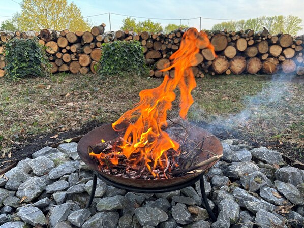 Ein Lagerfeuer mit Holzscheiten und Flammen, umgeben von Steinen.
