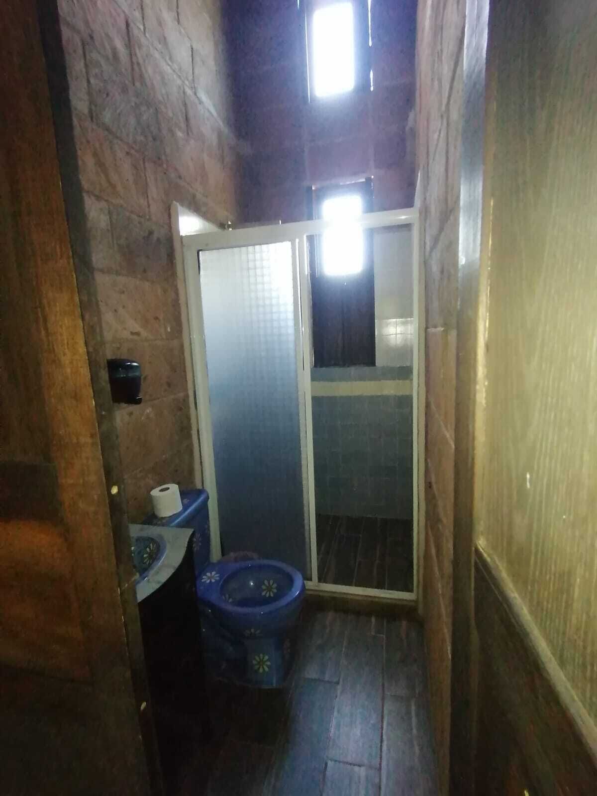 A narrow bathroom with a toilet, a sink, and a shower area.