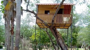 A treehouse with a wooden exterior and a red roof, built on a tree trunk with a ladder leading up. - Las Chalatas (El Fuerte)