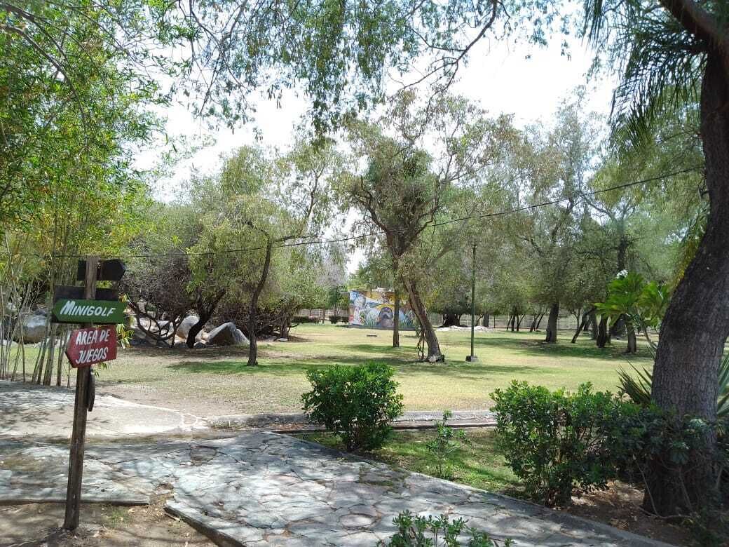 Un sendero de piedra que atraviesa un parque con árboles y un cartel que indica 'Minigolf' y 'Area de Juegos'.