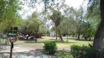 Un sendero de piedra que atraviesa un parque con árboles y un cartel que indica 'Minigolf' y 'Area de Juegos'.