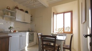 Una cocina con armarios blancos, una mesa de comedor y sillas. Se ve una ventana con vista a un edificio.