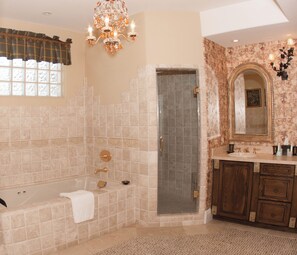 Shower, jetted tub, hair dryer, towels
