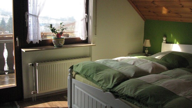 A bedroom with a sloped ceiling, a window with curtains, a radiator, a bedside table with a lamp, and a bed with green bedding. - Haus Jägerwinkel - Wohnung II (Müllheim im Markgräflerland)