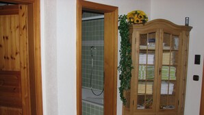 A wooden door, a shower with a glass door, and a cabinet with glass doors and a plant. - Haus Jägerwinkel - Wohnung II (Müllheim im Markgräflerland)