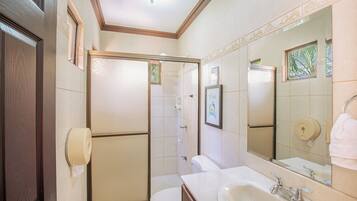 Hair dryer, towels, soap, shampoo