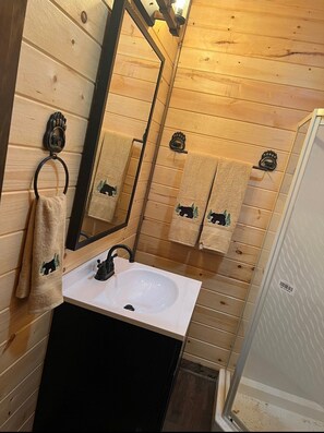 Bathroom features a shower area, mirrored vanity, and a towel hanging on a ring.