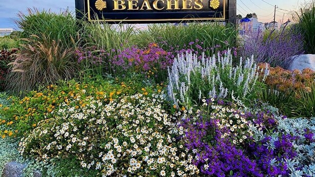 A welcome sign for Kennebunk Beaches with a variety of colorful flowers in the foreground.
