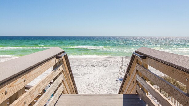A wooden boardwalk leading to a sandy beach with the ocean in the background. - 🦩Book Me Baby! Ain't Life Grand 30A~GolfCart~6bikes🦩 (Santa Rosa Beach)