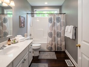 Hair dryer, towels, soap, shampoo