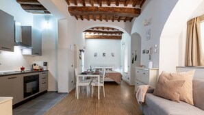 Un espacio habitable compacto con cocina, comedor y sofá.