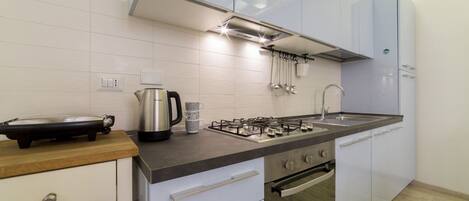 Kühlschrank, Herdplatte, Toaster, Kochgeschirr/Geschirr/Besteck