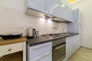 Fridge, stovetop, toaster, cookware/dishes/utensils