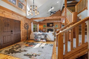 Smart TV, fireplace, books