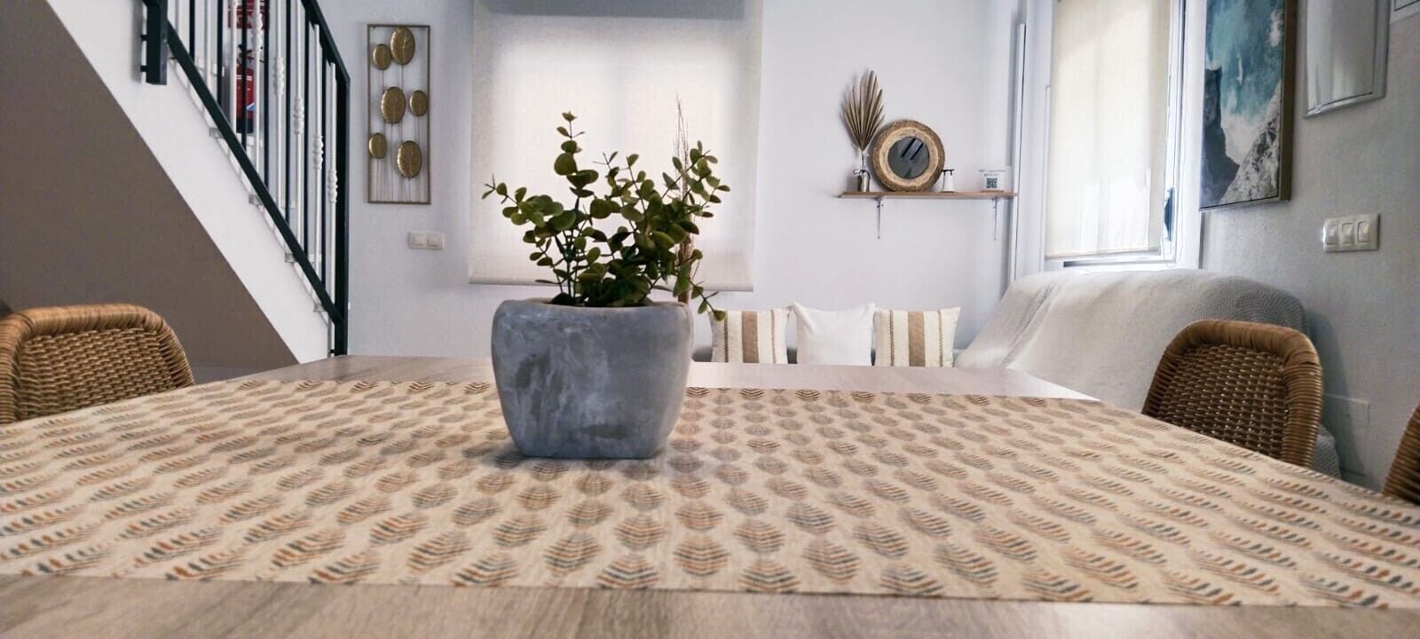 Comedor con una mesa redonda, una planta en maceta y un tapete estampado.