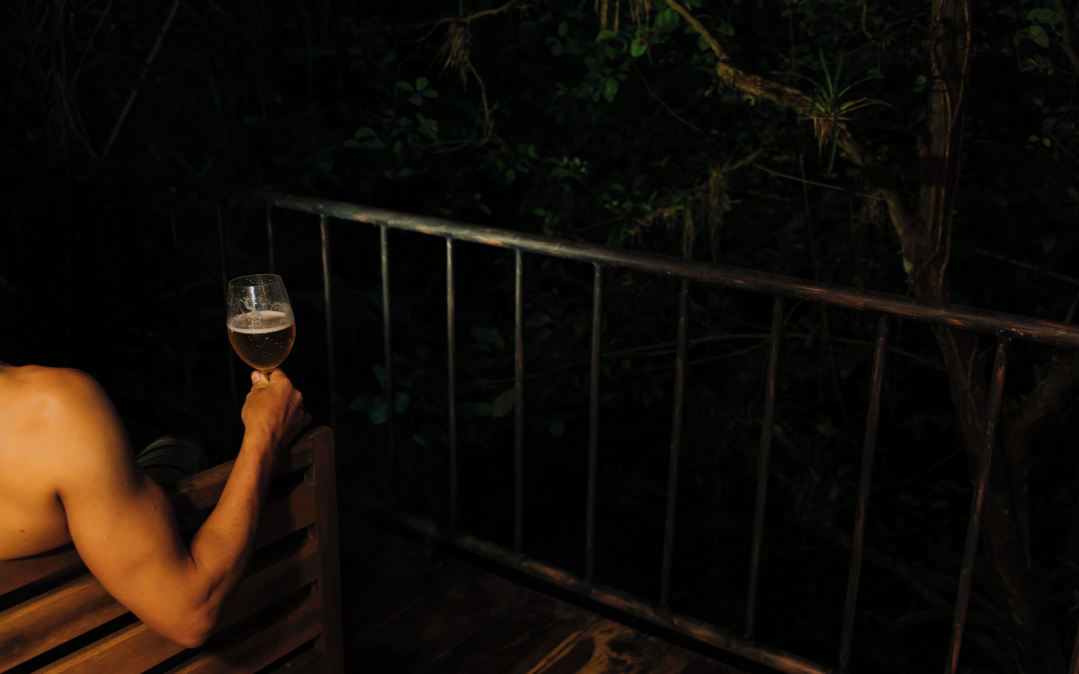 A person holding a glass of beer on a wooden deck with a metal railing, surrounded by dense foliage.