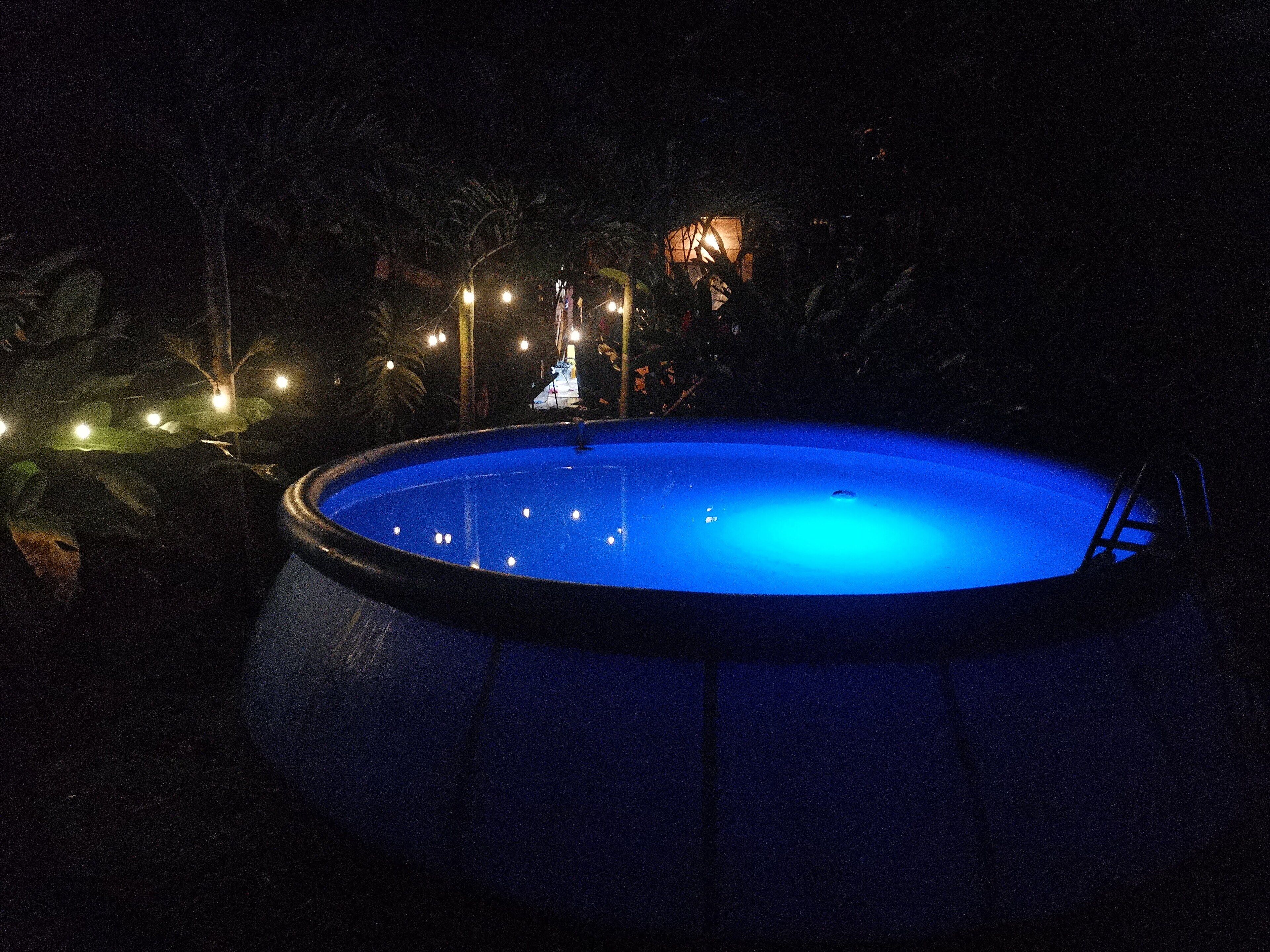 A swimming pool at night with surrounding lights and trees.
