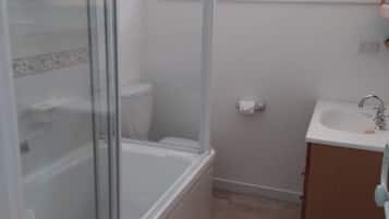Hair dryer, towels, soap, shampoo