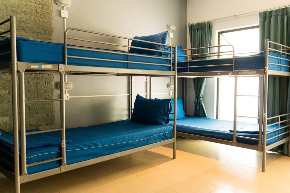 A bunk bed room with two beds, a window with curtains, and a brick wall.