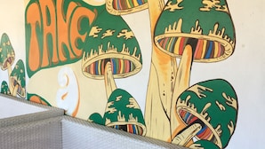 Una pared con un mural de hongos y el texto 'Let's Take'.