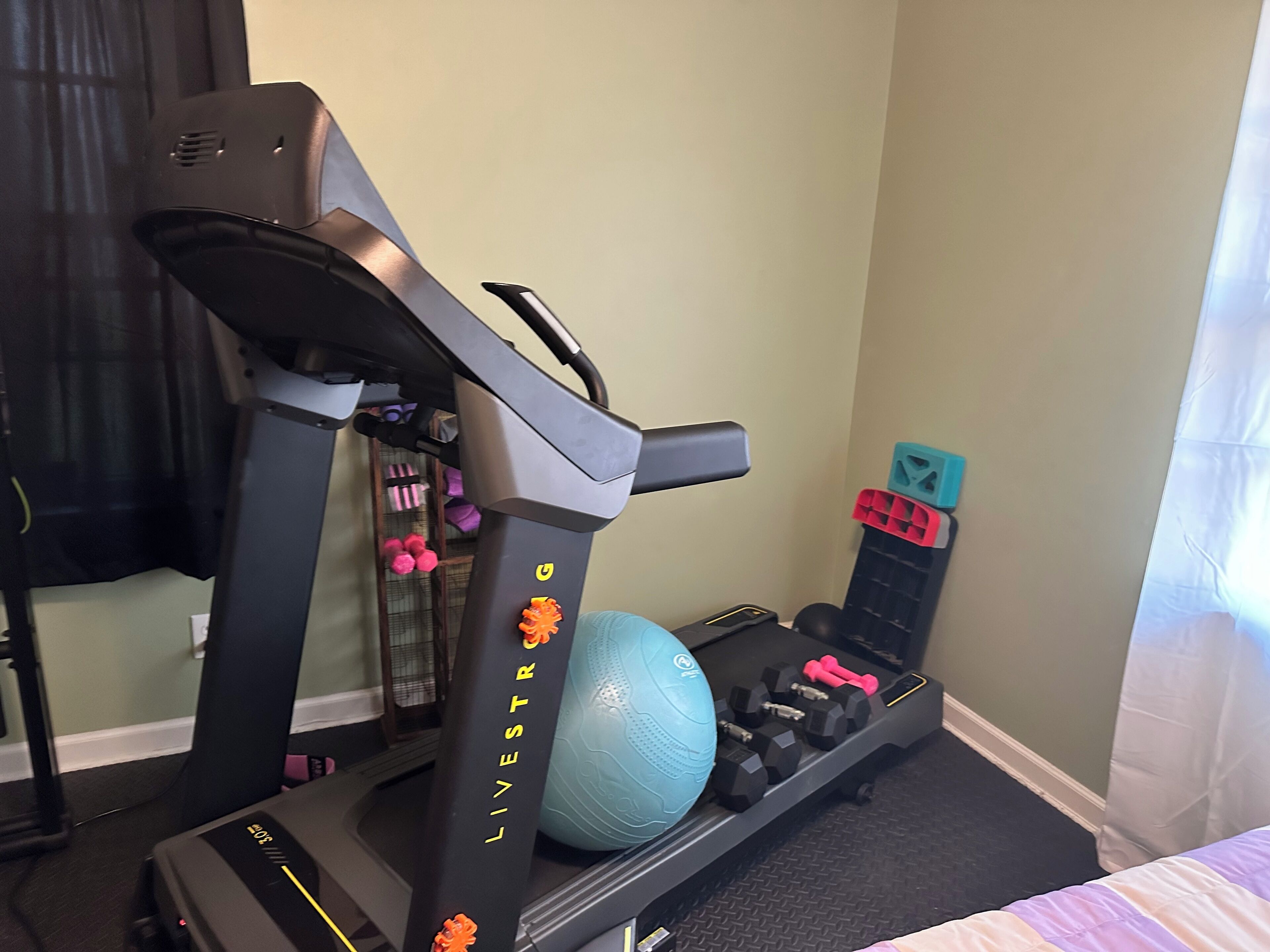 Un gimnasio en casa con cinta de correr, pelota de ejercicios y mancuernas.