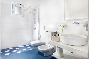 Shower, hair dryer, towels