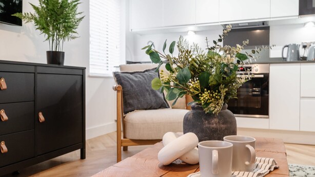 Een moderne woonkamer met een houten bijzettafeltje, een zwarte kast, een grijze bank en een potplant.